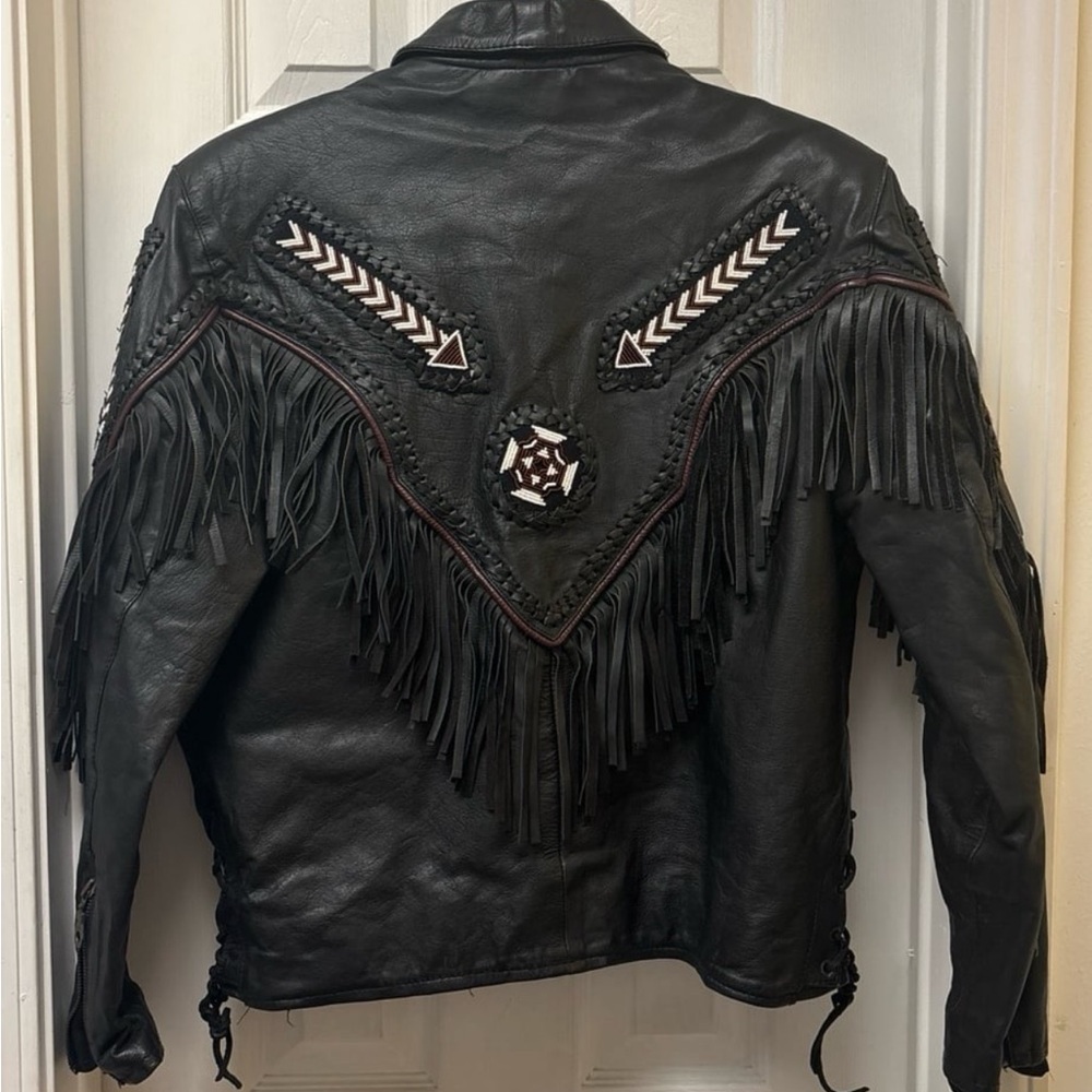 Route 66 Black Leather Jacket with Fringe and Chevron Accents - Picture 2 of 7